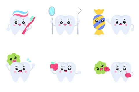 Set of cute cartoon tooth characters with toothbrush, dental mirror, candy,.. Stock Illustration
