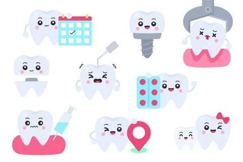 Set of cute cartoon tooth characters with calendar, dental implant, extract.. Stock Illustration