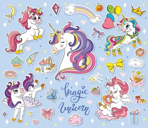 Set of cute cartoon unicorn vector illustration Stock Illustration