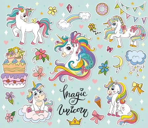 Set of cute cartoon unicorns vector illustration Stock Illustration