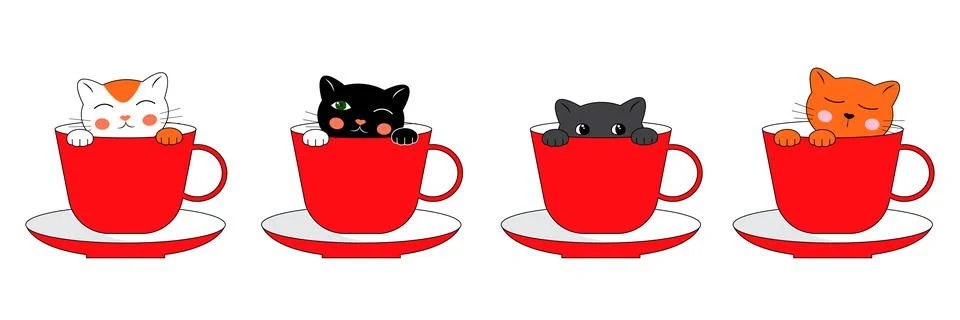 Set of cute cat characters in red coffee cups. Cartoon characters in doodle Stock Illustration