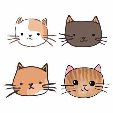 Set of cute cat faces. Funny doodle animals. Kittens in cartoon style. Vector Stock Illustration
