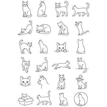 Set of cute cat illustrations showing various poses and activities in line .. Stockillustratie