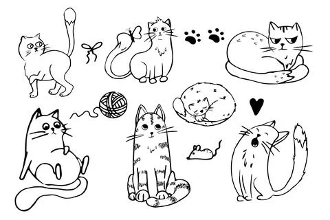 Set cute cat, kitten in line doodle style emotional character isolated on white Stock Illustration