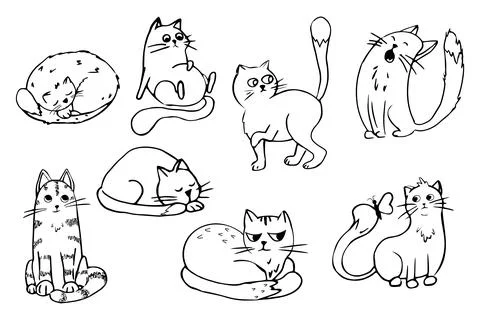 Set cute cat, kitten in line doodle style emotional character isolated on white Stock Illustration