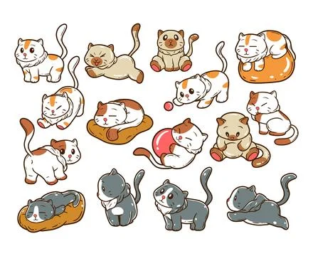 Set of cute cat pose hand-drawn illustration 库存插图
