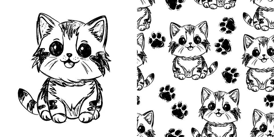 Set cute cat vector illustration and seamless pattern, children print design Illustrazione stock
