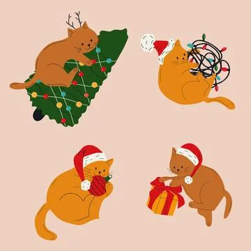 Set of Cute cats with christmas decoration. Illustrazione stock