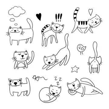Set of cute cats in different poses. Vector illustration. Stock Illustration