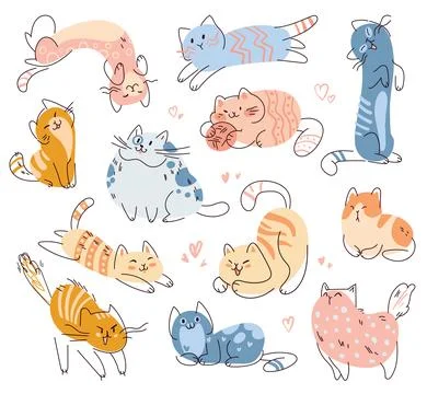 Set of cute cats in different poses. Seamless baby pattern in a kids doodle s Stock Illustration