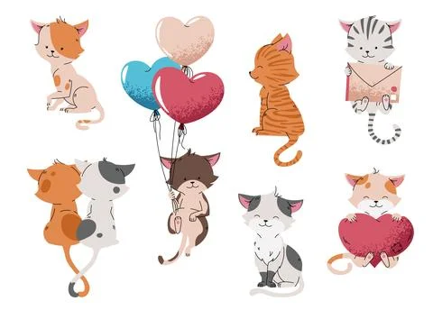 Set of cute cats in flat cartoon style on white background. Pets for stickers Illustrazione stock