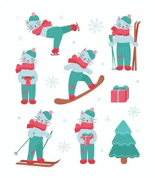 Set with cute cats in winter activity Stock Illustration