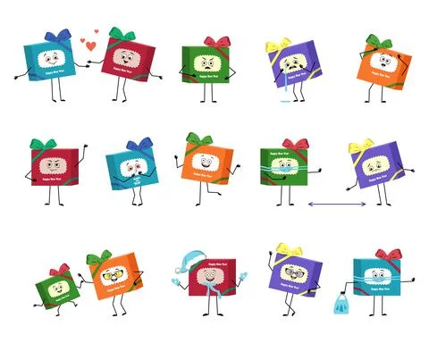 Set of cute character gift box for character with emotions, face, arms and legs Stock Illustration