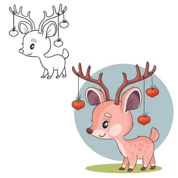 Set of cute character little deer whose horns are decorated with small red Stock Illustration