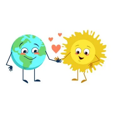 Set of cute character of planet earth and sun with different emotions, face Illustrazione stock