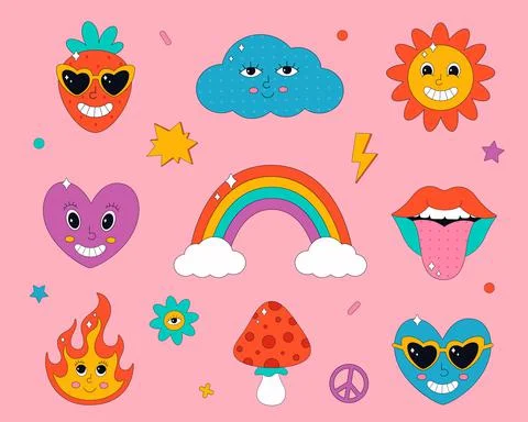 Set of cute characters and elements in psychedelic 70s style 스톡 일러스트