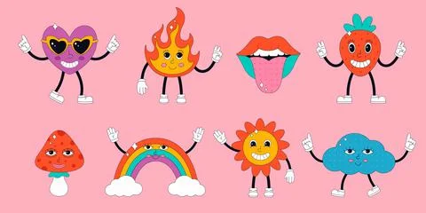 Set of cute characters and elements in psychedelic 70s style Stock Illustration