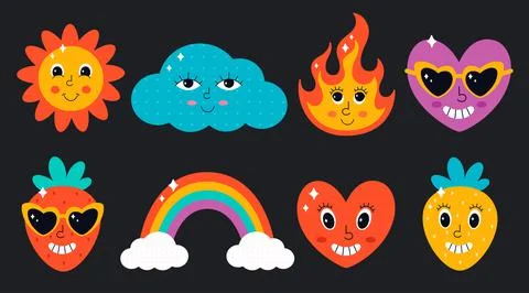 Set of cute characters and elements in psychedelic 70s style. 스톡 일러스트