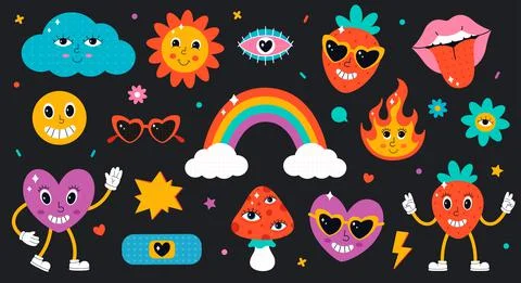 Set of cute characters and elements in 90s style. Hippie, psychedelic, groove Иллюстрация