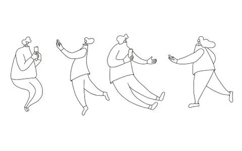 Set of cute characters holding their smartphones in their hands. Male and fem Stock Illustration