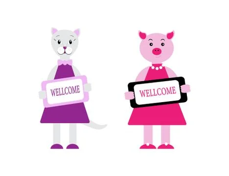 Set of cute characters keeping the Wellcome plate. Vector illustration in Illustrazione stock