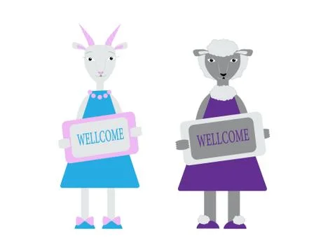 Set of cute characters keeping the Wellcome plate. Vector illustration in Illustrazione stock