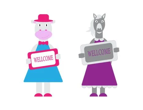 Set of cute characters keeping the Wellcome plate. Vector illustration in Illustrazione stock