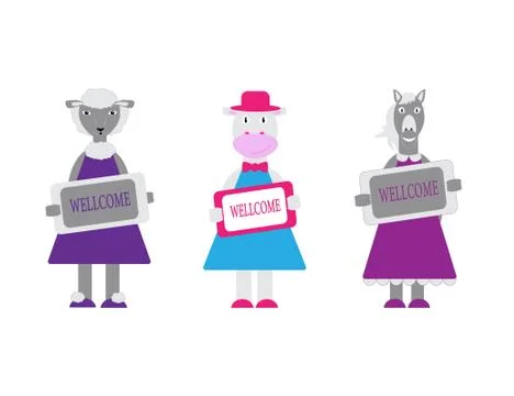 Set of cute characters keeping the Wellcome plate. Vector illustration in Stock Illustration