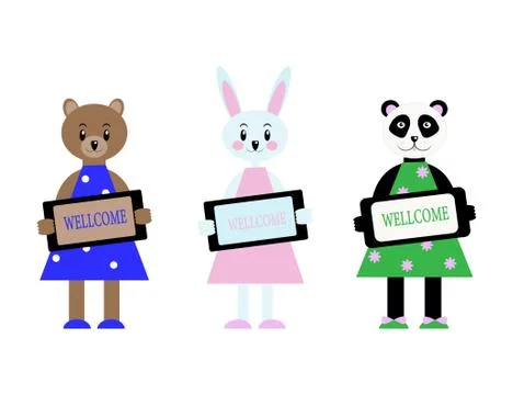 Set of cute characters keeping the Wellcome plate. Vector illustration in Stock Illustration