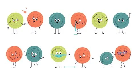 Set of cute characters multicoloured plates with emotions, face, hands and feet Stock-Illustration