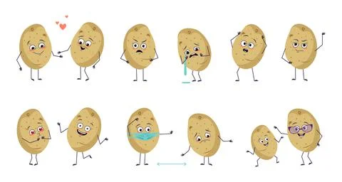 Set of cute characters potatoes with emotions, funny and sad faces, arms and Stock Illustration