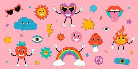 Set of cute characters in psychedelic 70s style. Hippie, psychedelic droove, Иллюстрация