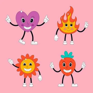 Set of cute characters in psychedelic 70s style. Hippie, psychedelic, groove, Иллюстрация