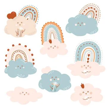 Set of cute characters - rainbows and clouds in Scandinavian style. Vector illus Illustrazione stock