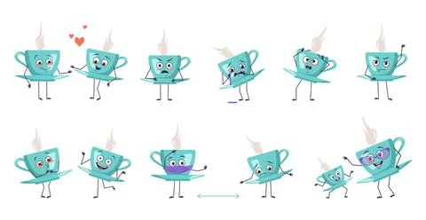 Set of cute characters teacup and saucer with emotions, face, arms and legs Stock-Illustration