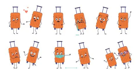 Set of cute characters of vacation suitcases with emotions, face, arms and legs Stock Illustration