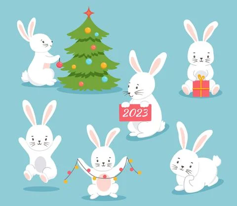 Set of cute characters. White bunny decorate Christmas tree. Vector illustration Stock Illustration