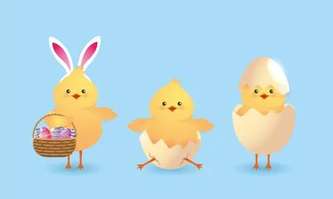 Set cute chicks with eggs broken and easter decoration Stock Illustration