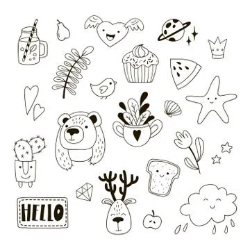 Set of cute childish doodles. Vector clipart. Stock Illustration