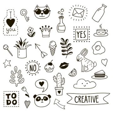 Set of cute childish doodles. Vector clipart. Stock Illustration