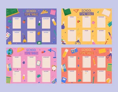 Set of cute childish school timetables, weekly classes schedule for kids with Stock Illustration