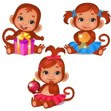 Set of cute children monkey playing with Christmas gifts isolated on a white Stock Illustration