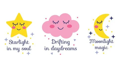 Set of cute children posters featuring a smiling star, cloud, and moon with s Illustrazione stock