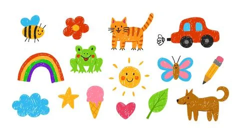 A set of cute childrens hand-drawn illustrations, drawn with pencil, chalk, or Ilustração Stock