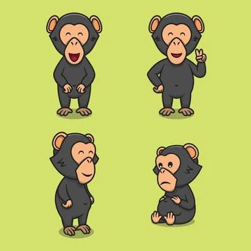 Set of cute chimpanzee cartoon flat illustrations Stock Illustration