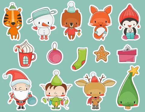 Set of cute christmas animals and characters. Vector illustration. Stock Illustration