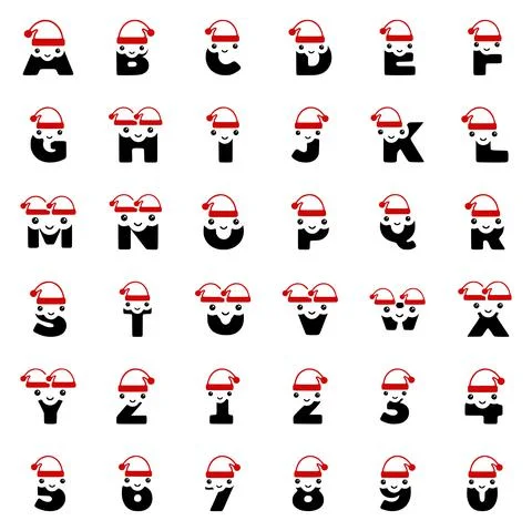 Set of cute Christmas characters in the shape of letters and numbers, New Yea Stock Illustration