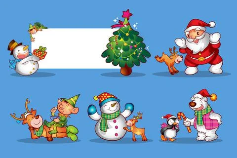 Set of cute christmas design elements characters and decorations Illustrazione stock