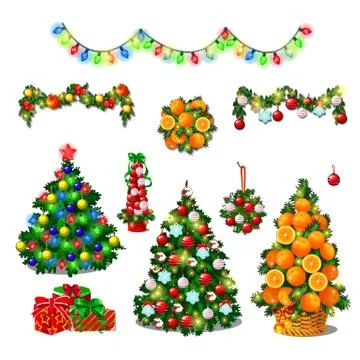 Set Of Cute Christmas Tree, Colorful Garlands. New Year Gift Boxes With Ribbon Stock Illustration