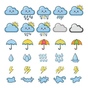 Set of cute cloud rain raindrops umbrella lightning and water splash vector. Stock Illustration